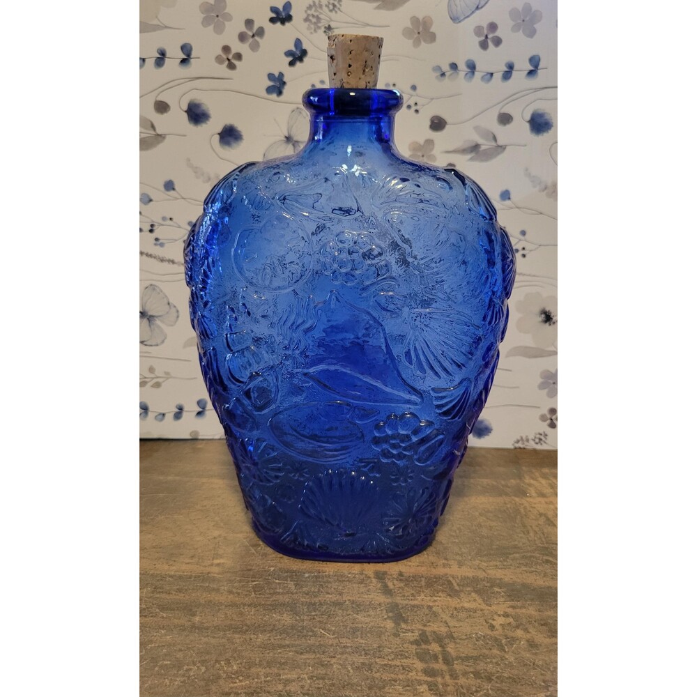 Vintage Cobalt Blue Glass Decanter Bottle Embossed Sea Shell Starfish w/ Cork
